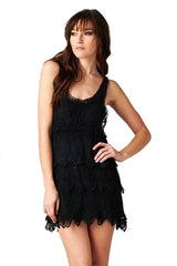 Textured Layered Sleeveless Scallop Crochet Lace Dress (Black) Rompers- Niobe Clothing