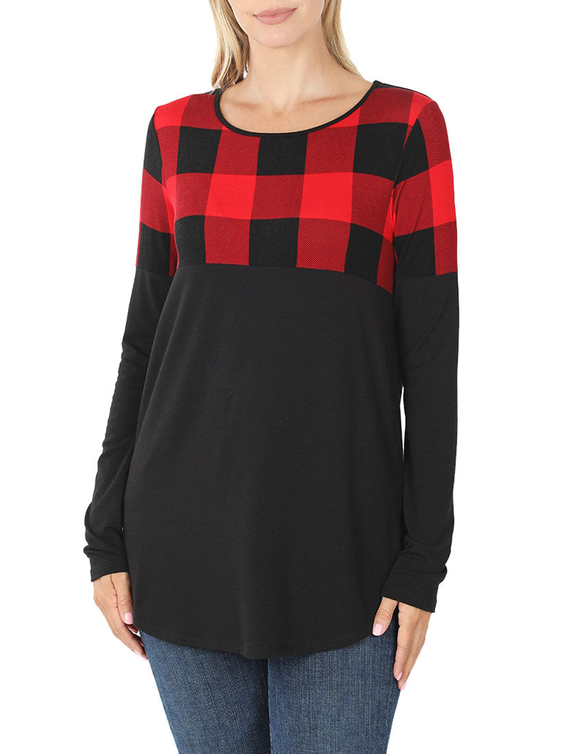 Zenana Plaid Colorblock Long Sleeve Shirt - Tunics sb_tops