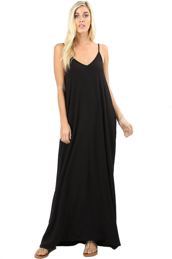 Zenana V-Neck Cami Spaghetti Strap Maxi Dress - Dresses sb_dresses