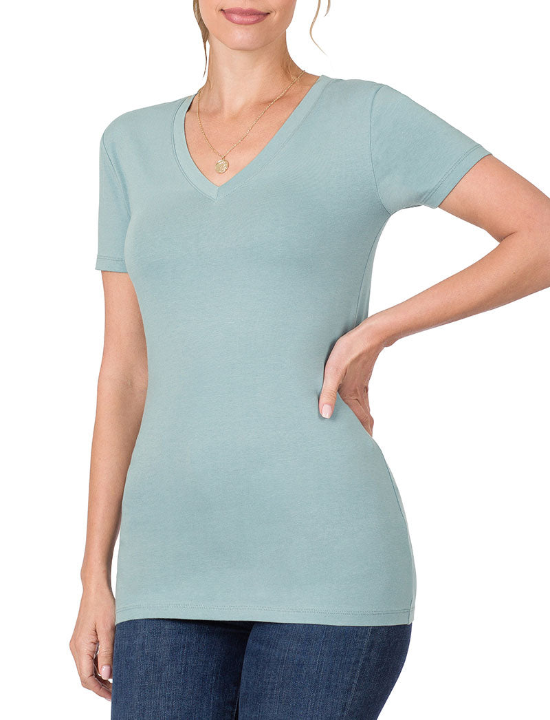 Zenana Cotton V-Neck Short Sleeve Long Tee Shirt - Shirts sb_tops