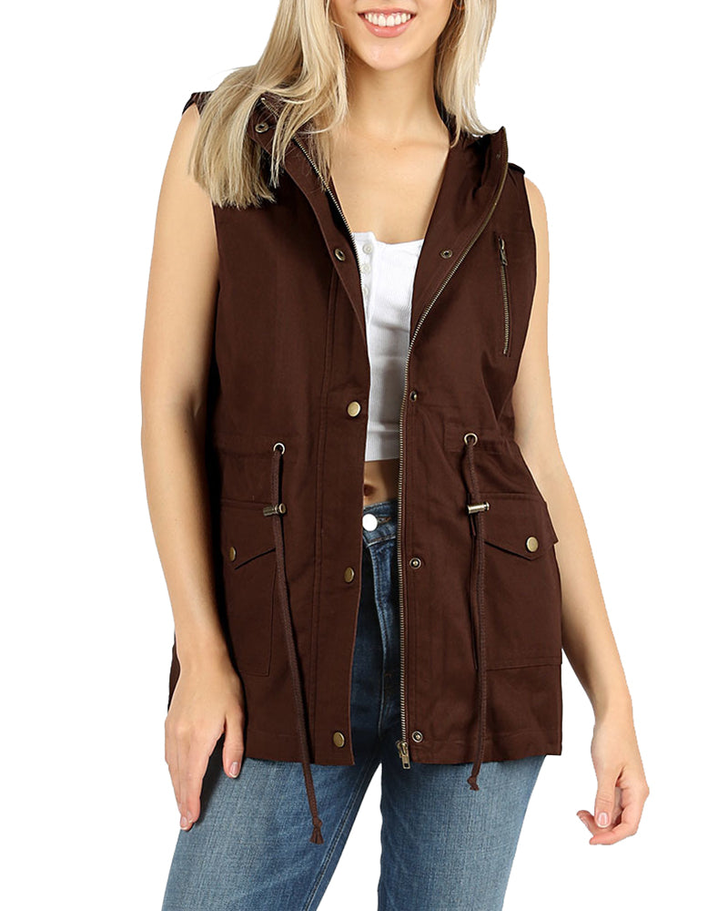 Zenana Sleeveless Utility Hoodie Military Vest - Vests sb_outerwear