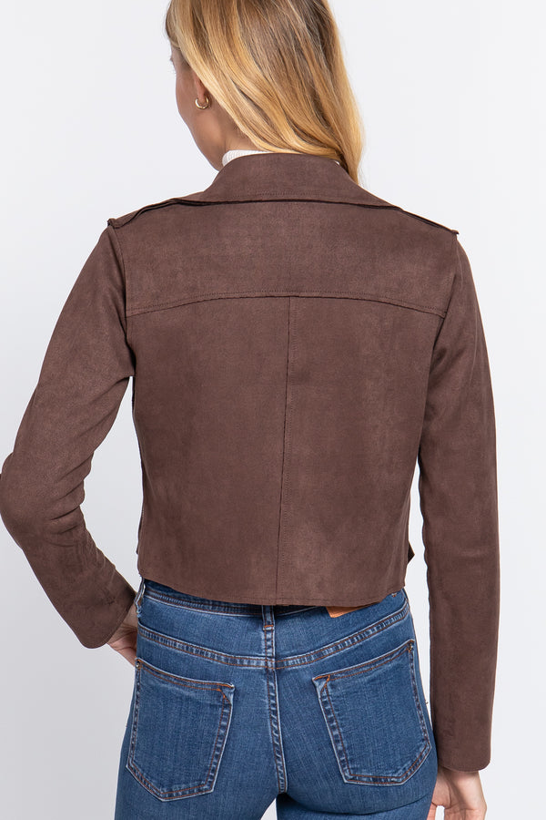 Womens Long Sleeve Biker Faux Suede Short Jacket (Brown)
