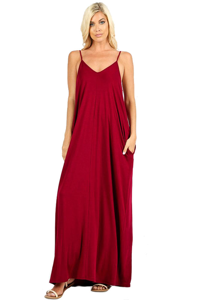 Zenana V-Neck Cami Spaghetti Strap Maxi Dress - Dresses sb_dresses