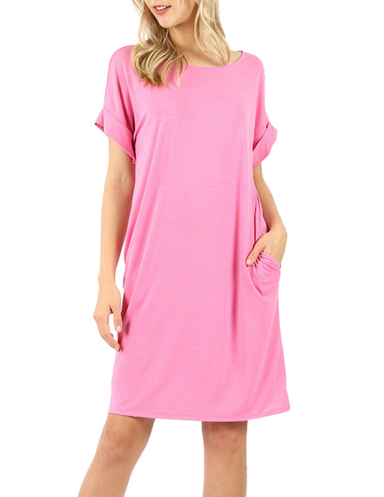 Zenana Rolled Short Sleeve Loose Tunic Shirt Dress - Tunics sb_dresses