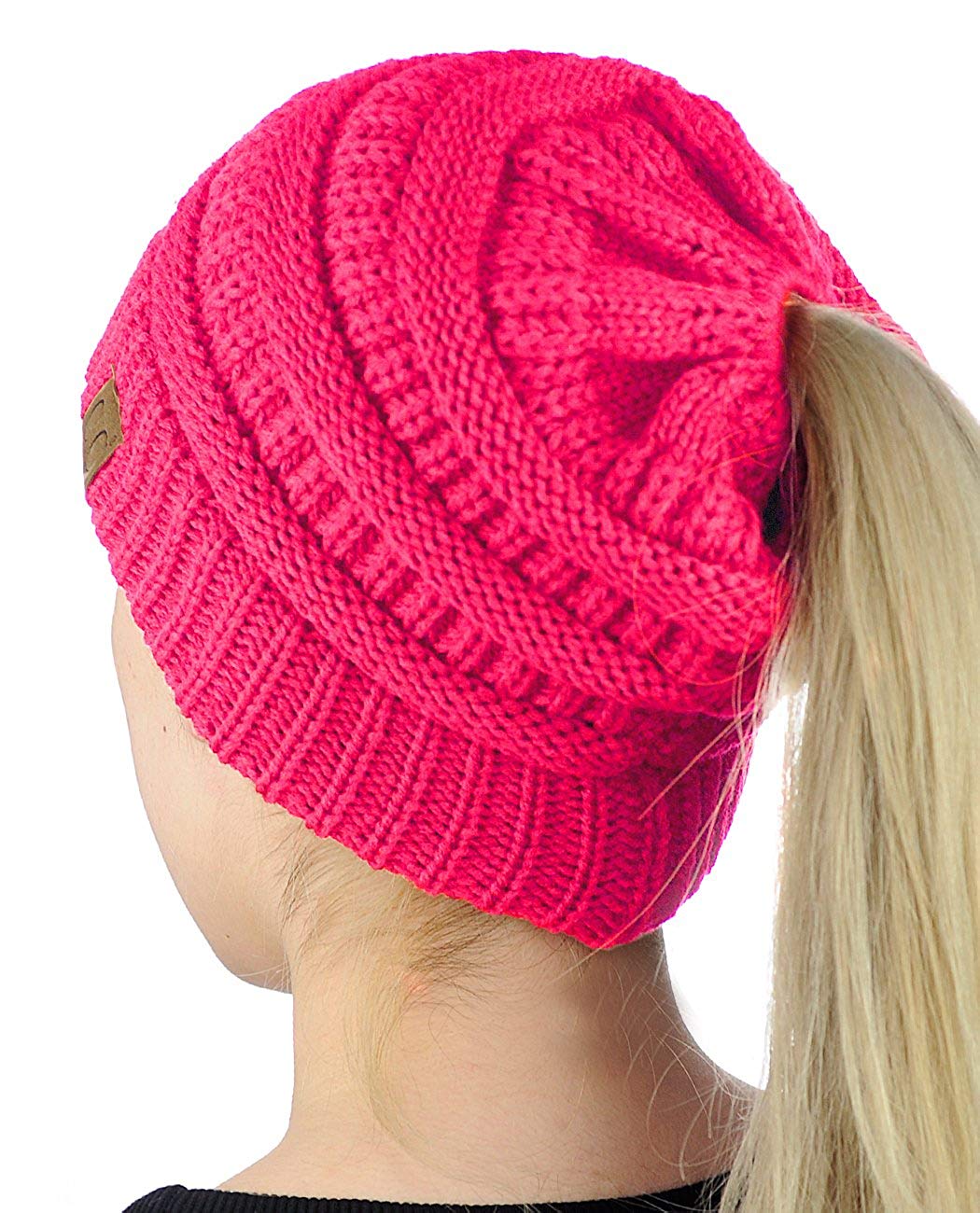 Solid Knit Messy Bun Ponytail Beanie