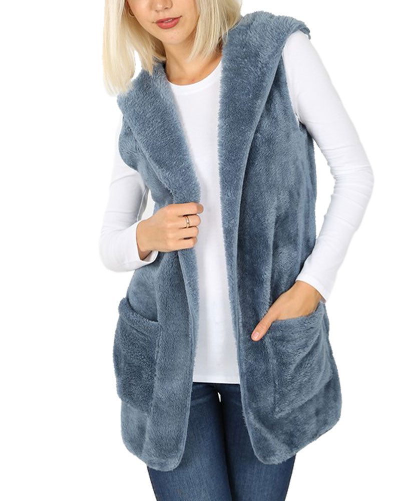 Zenana Sleeveless Faux Fur Hooded Vest - sb_outerwear