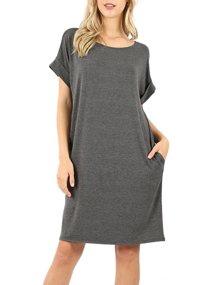 Zenana Rolled Short Sleeve Loose Tunic Shirt Dress - Tunics sb_dresses