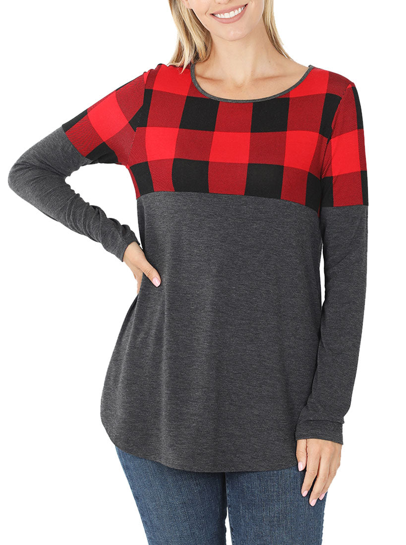 Zenana Plaid Colorblock Long Sleeve Shirt - Tunics sb_tops