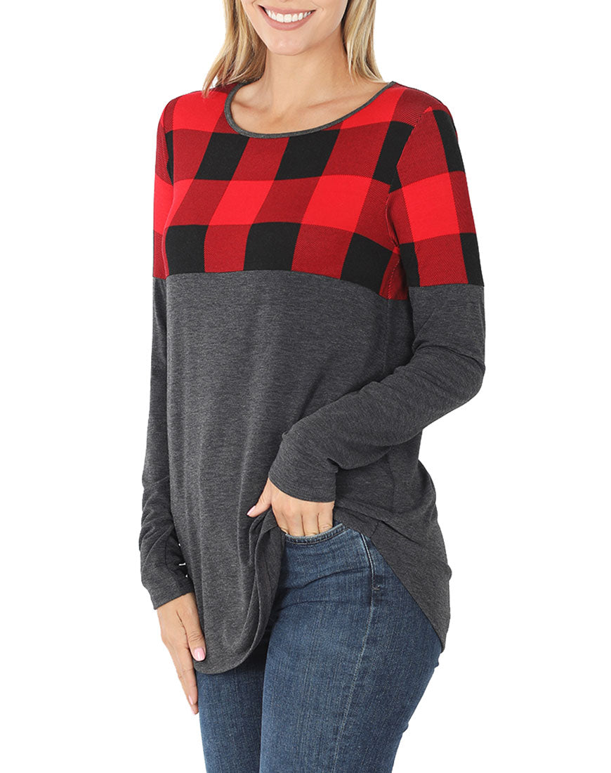 Zenana Plaid Colorblock Long Sleeve Shirt - Tunics sb_tops