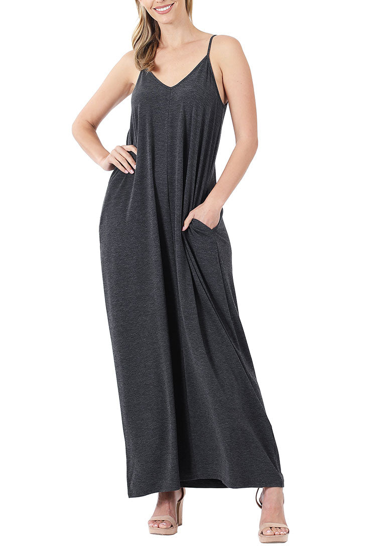 Zenana V-Neck Cami Spaghetti Strap Maxi Dress - Dresses sb_dresses