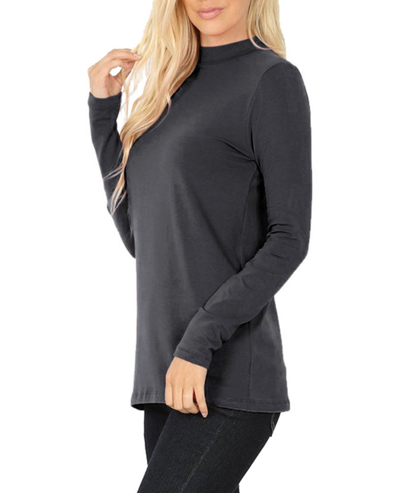 Zenana Cotton Long Sleeve Mock Neck - Shirts sb_tops