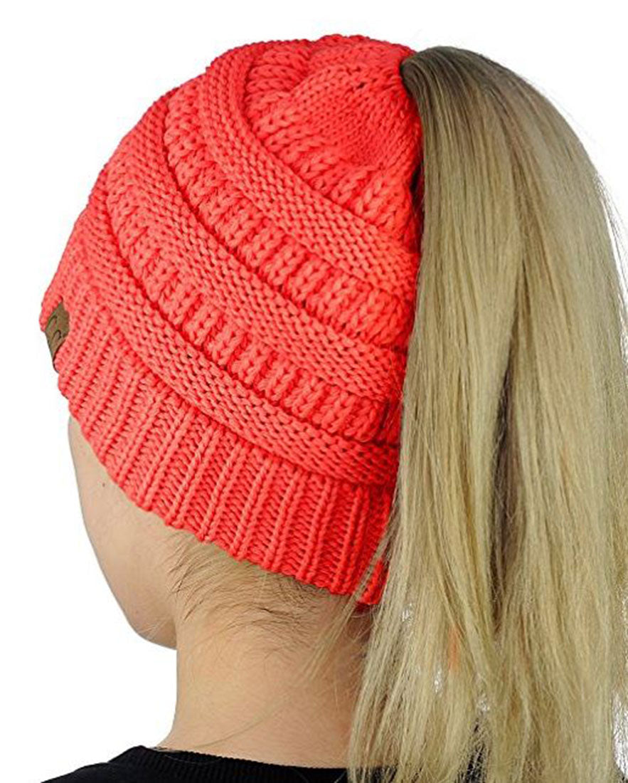 C.C. Solid Color Messy Bun Ponytail Beanie - Beanies Hats