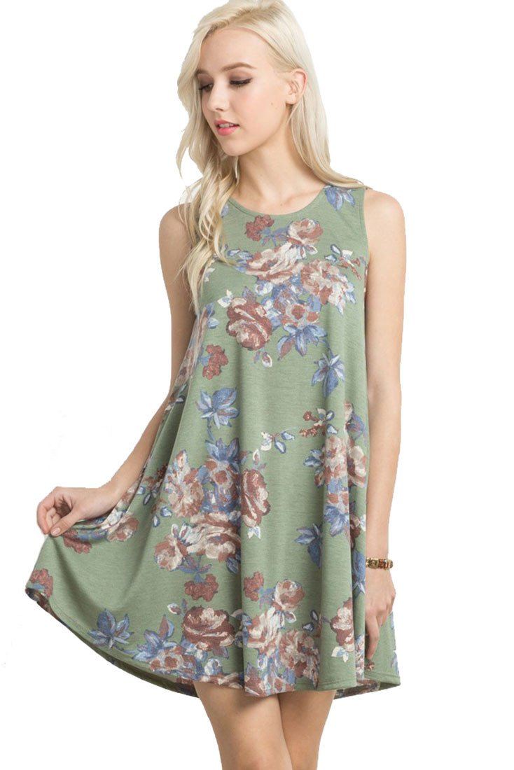 Mitto Shop Knit Sleeveless T-shirt Dress in Olive Floral - dress