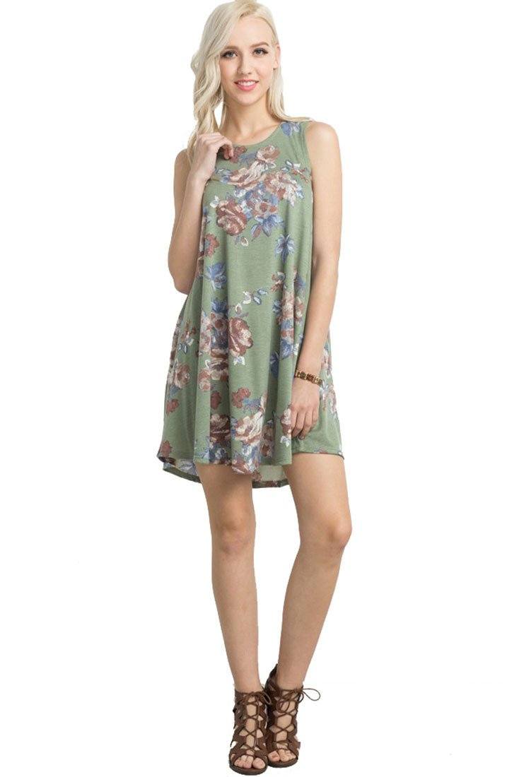 Mitto Shop Knit Sleeveless T-shirt Dress in Olive Floral - dress