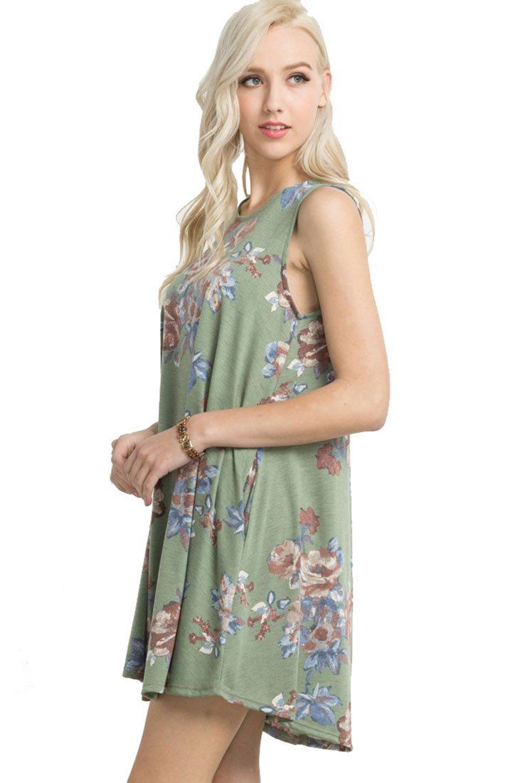 Mitto Shop Knit Sleeveless T-shirt Dress in Olive Floral - dress