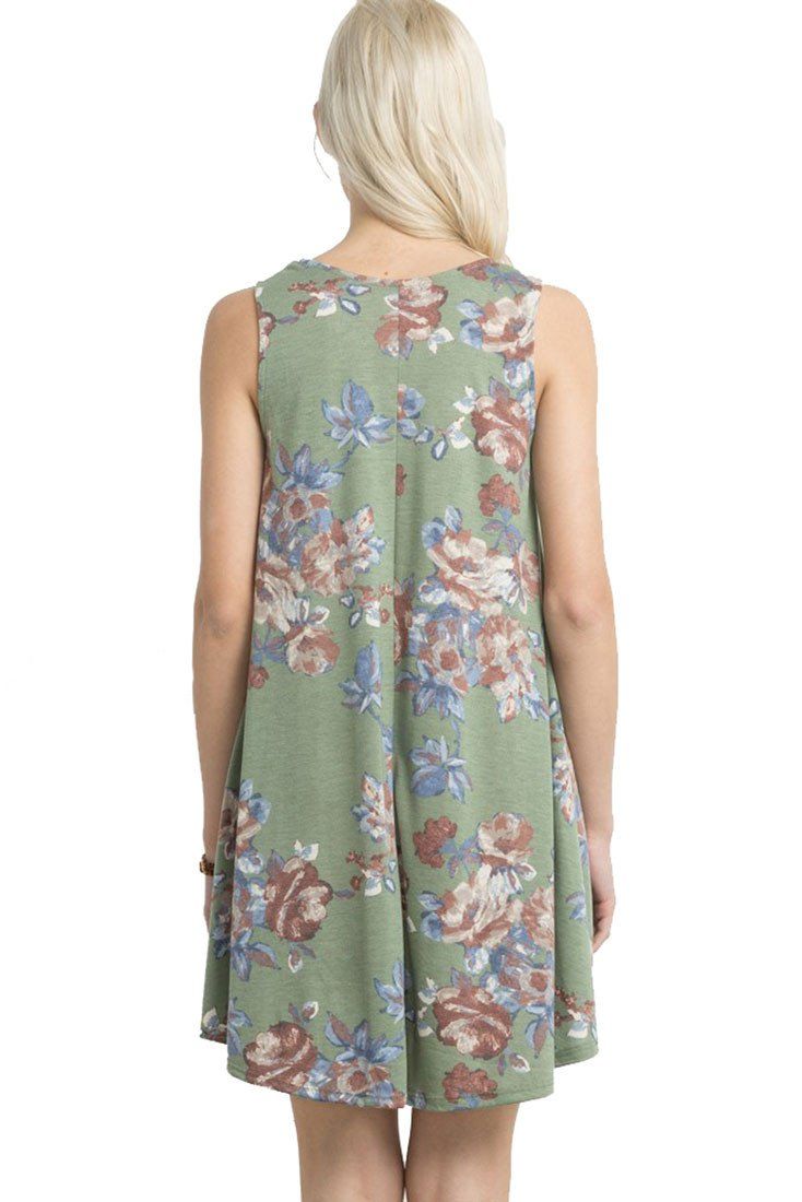 Mitto Shop Knit Sleeveless T-shirt Dress in Olive Floral - dress