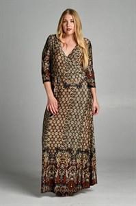 3/4 Sleeve Bohemian Espresso Multicolor Maxi Dress dress- Niobe Clothing