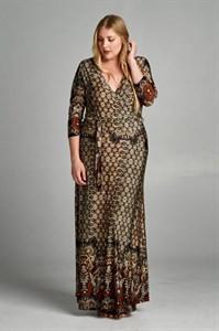 Niobe Clothing 3/4 Sleeve Bohemian Espresso Multicolor Maxi Dress - dress