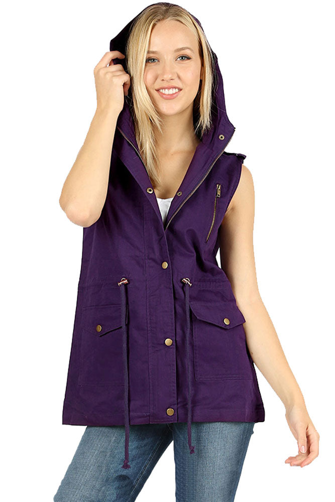 Zenana Sleeveless Utility Hoodie Military Vest - Vests sb_outerwear