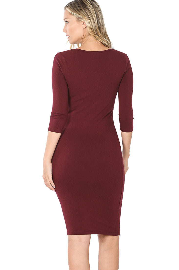Zenana Cotton 3/4 Sleeve Bodycon Fitted Knee Length Midi Dress - Dresses sb_dresses