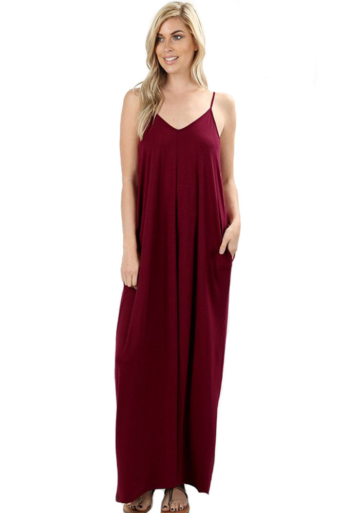 Zenana V-Neck Cami Spaghetti Strap Maxi Dress - Dresses sb_dresses