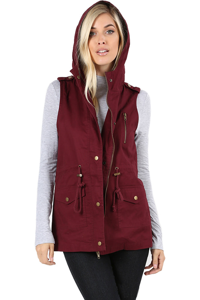 Zenana Sleeveless Utility Hoodie Military Vest - Vests sb_outerwear