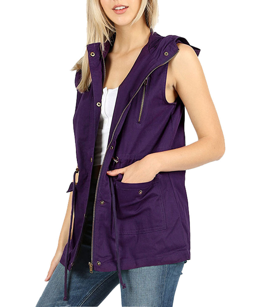 Zenana Sleeveless Utility Hoodie Military Vest - Vests sb_outerwear