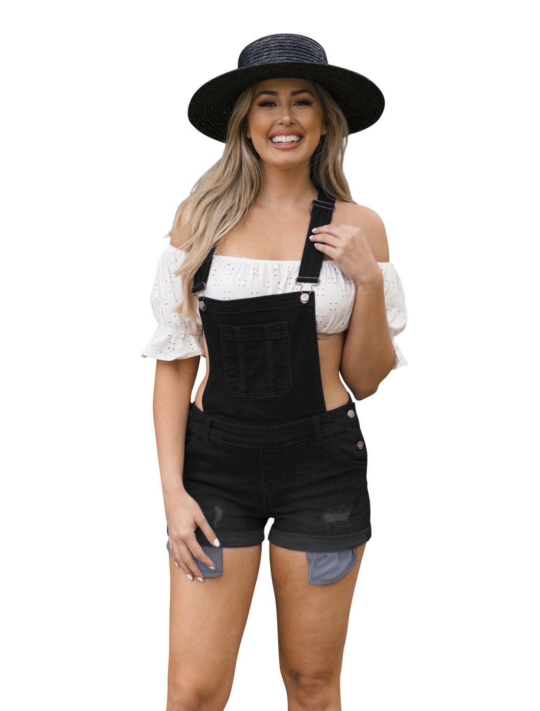 Wax Distressed Denim Shortalls - One-Pieces f_dresses