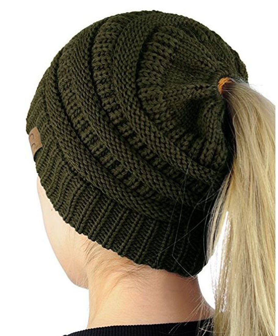 Solid Knit Messy Bun Ponytail Beanie