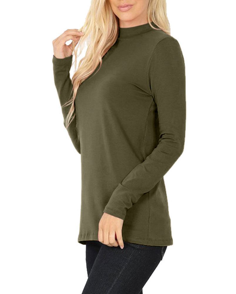 Zenana Cotton Long Sleeve Mock Neck - Shirts sb_tops