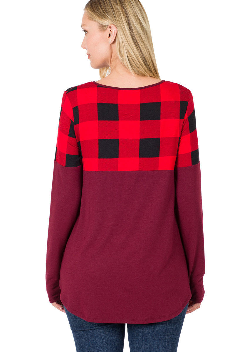 Zenana Plaid Colorblock Long Sleeve Shirt - Tunics sb_tops