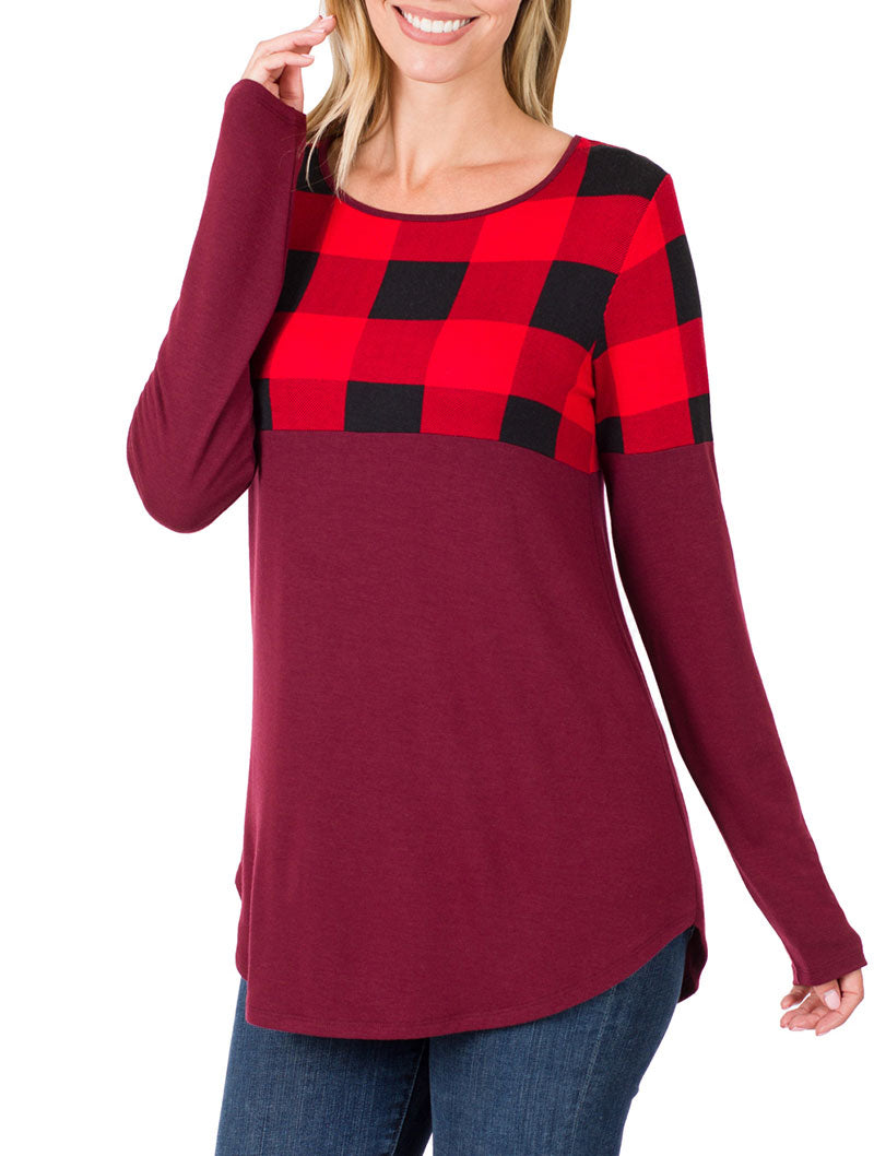 Zenana Plaid Colorblock Long Sleeve Shirt - Tunics sb_tops