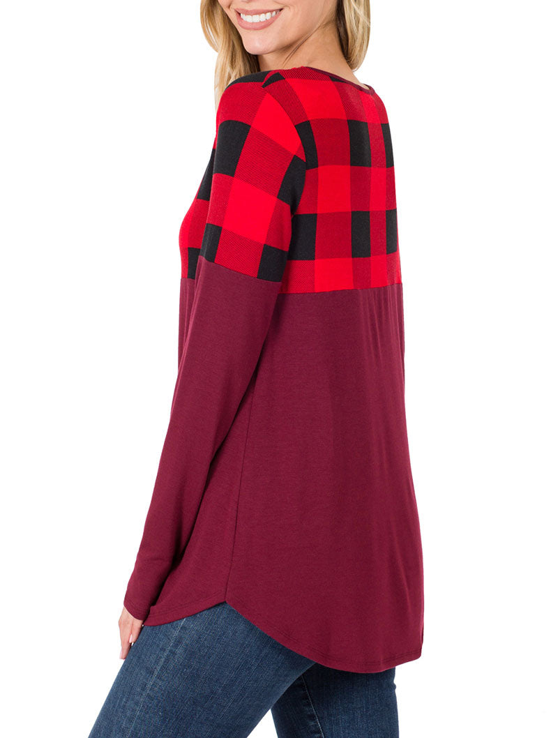Zenana Plaid Colorblock Long Sleeve Shirt - Tunics sb_tops