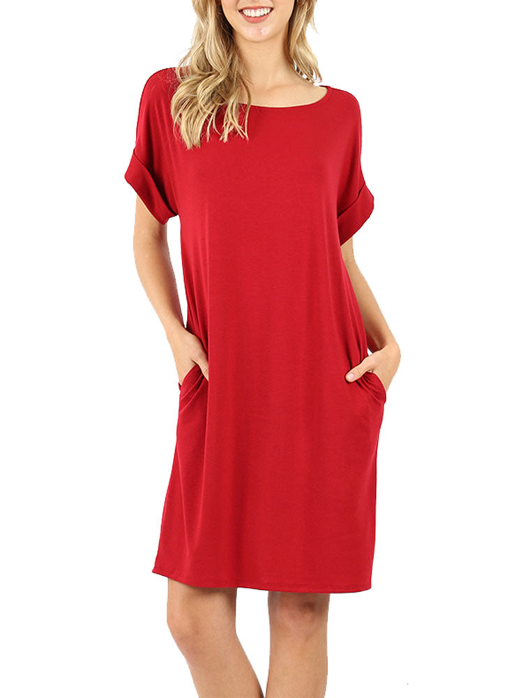 Zenana Rolled Short Sleeve Loose Tunic Shirt Dress - Tunics sb_dresses