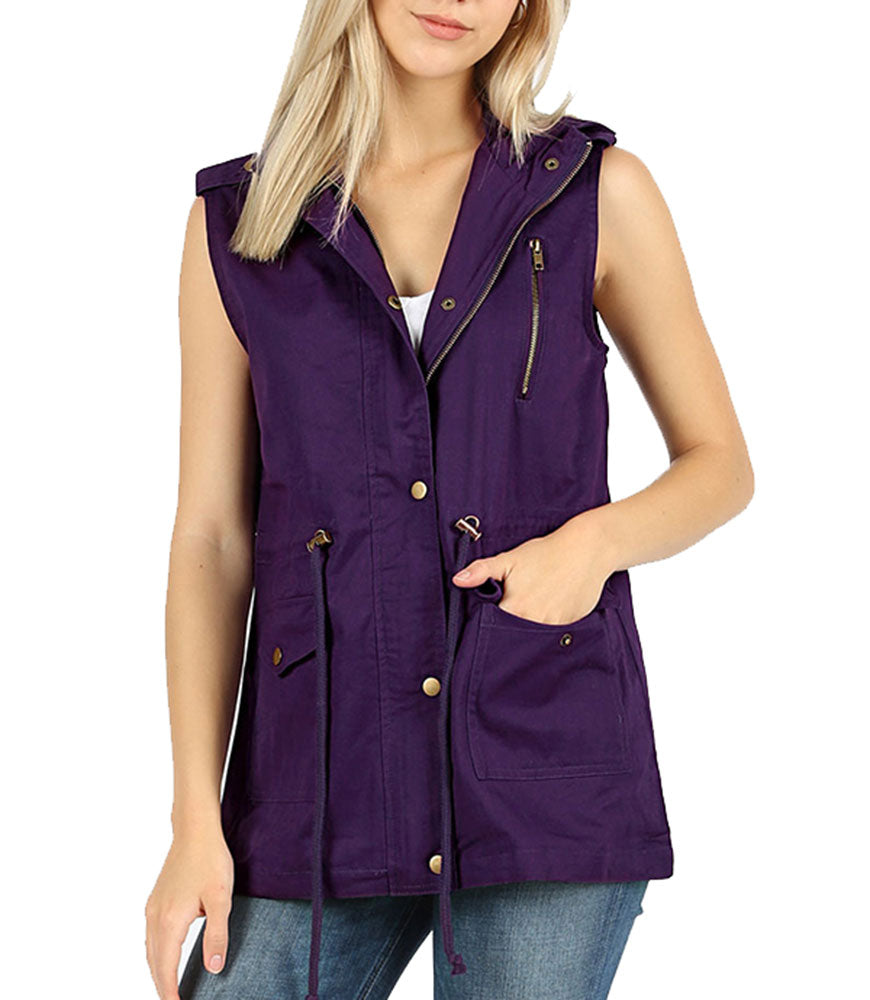 Zenana Sleeveless Utility Hoodie Military Vest - Vests sb_outerwear