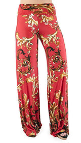 Niobe Clothing High Waist Fold Over Wide Leg Palazzo Pants (Red Gold Impression) - pants
