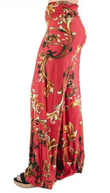 Niobe Clothing High Waist Fold Over Wide Leg Palazzo Pants (Red Gold Impression) - pants