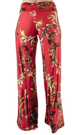 Niobe Clothing High Waist Fold Over Wide Leg Palazzo Pants (Red Gold Impression) - pants