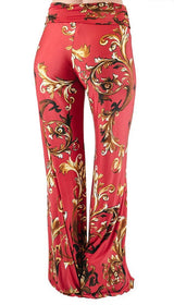 Niobe Clothing High Waist Fold Over Wide Leg Palazzo Pants (Red Gold Impression) - pants
