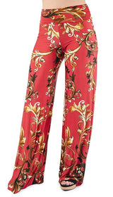 Niobe Clothing High Waist Fold Over Wide Leg Palazzo Pants (Red Gold Impression) - pants