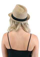 Niobe Clothing Black Ribbon Accent Short Brim Straw Fedora in Brown - Hats