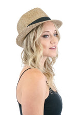 Niobe Clothing Black Ribbon Accent Short Brim Straw Fedora in Brown - Hats