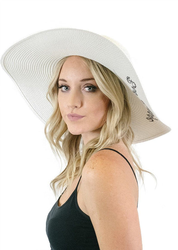 'Bon Voyage' Embroidered Floppy Sun Straw Hat in White Hats- Niobe Clothing