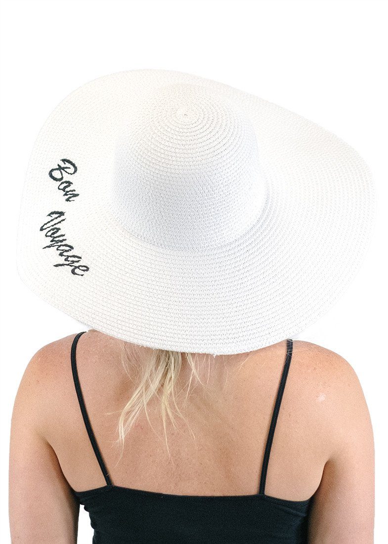 'Bon Voyage' Embroidered Floppy Sun Straw Hat in White Hats- Niobe Clothing