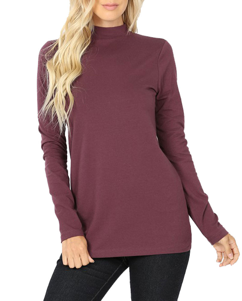Zenana Cotton Long Sleeve Mock Neck - Shirts sb_tops