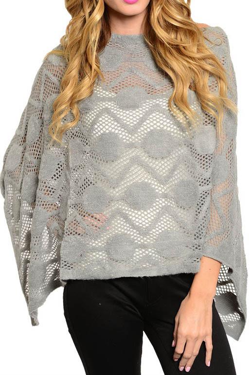 Knit and Faux Fur Poncho with Fringe (Grey) Tops- Niobe Clothing