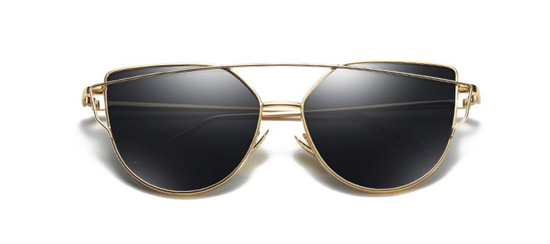 Niobe Clothing Mirrored "Samantha" Flat Lens Strikethrough Cat Eye Sunglasses in Gold Frame - Sunglasses
