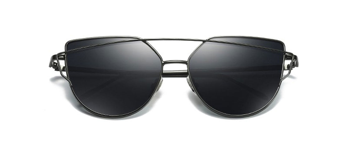 Niobe Clothing Mirrored "Samantha" Flat Lens Strikethrough Cat Eye Sunglasses in Black Frame - Sunglasses