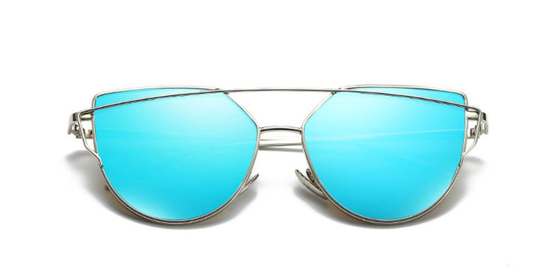 Mirrored "Samantha" Flat Lens Strikethrough Cat Eye Sunglasses in Silver Frame Sunglasses- Niobe Clothing