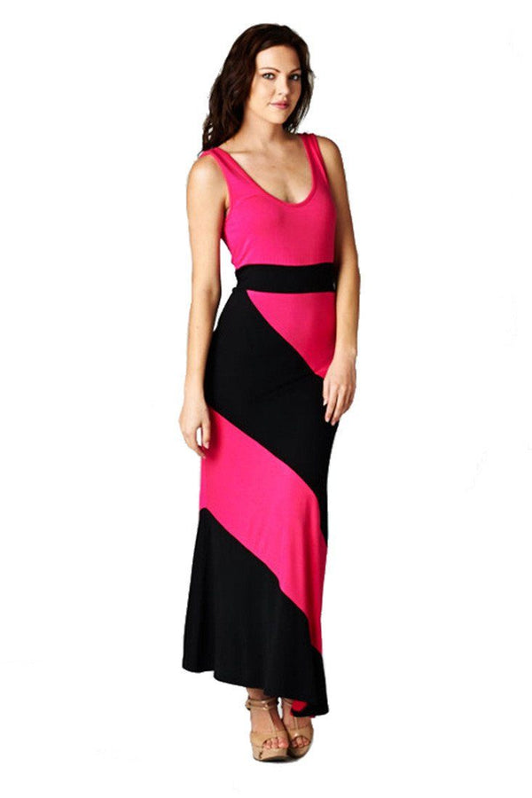Panel Print Colorblock Knit Scoop Neck Jersey Maxi Dress (Fuchsia) dress- Niobe Clothing
